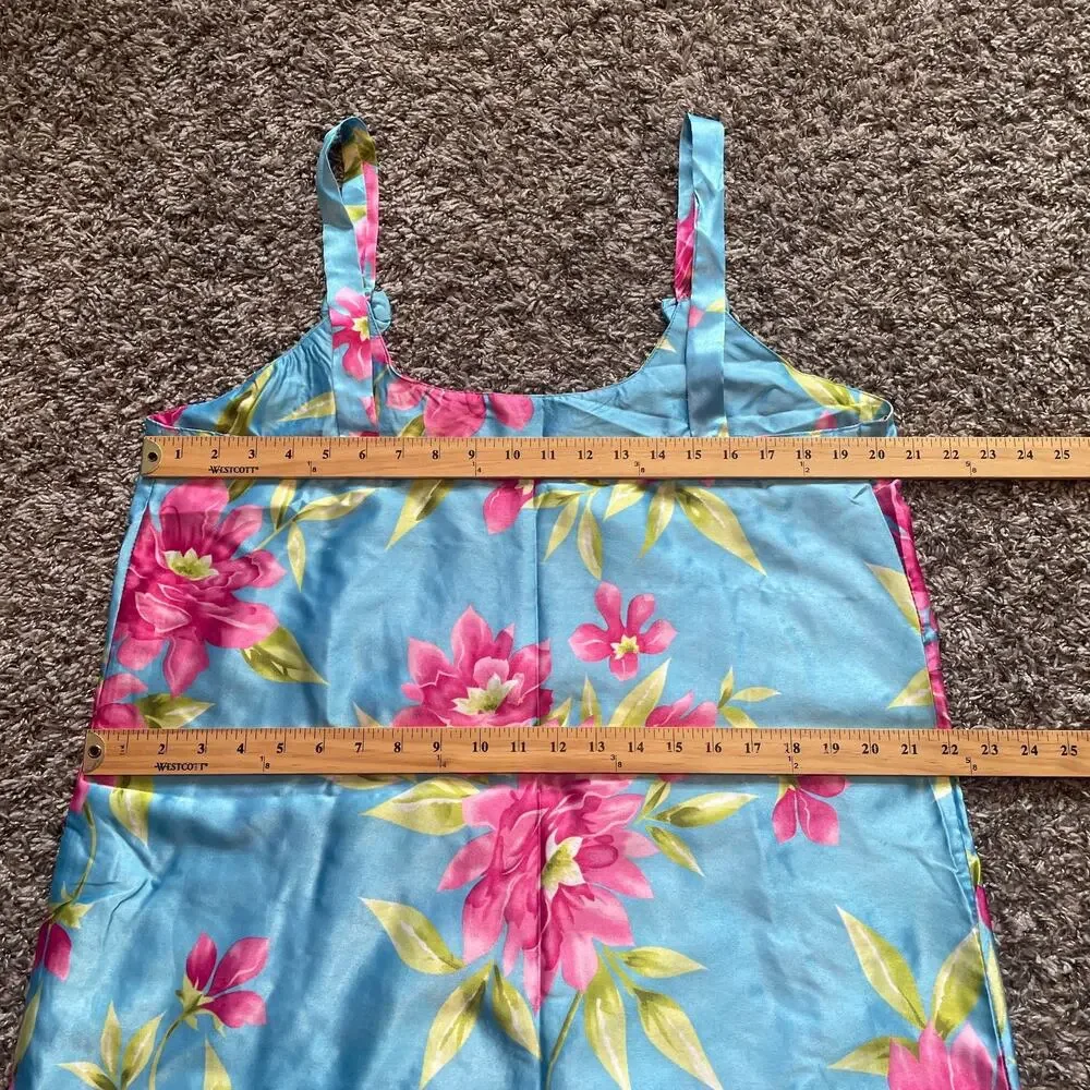 Short Slip Dress Size XL Blue Pink Floral Silky Satin Lingerie Sleep Feminine